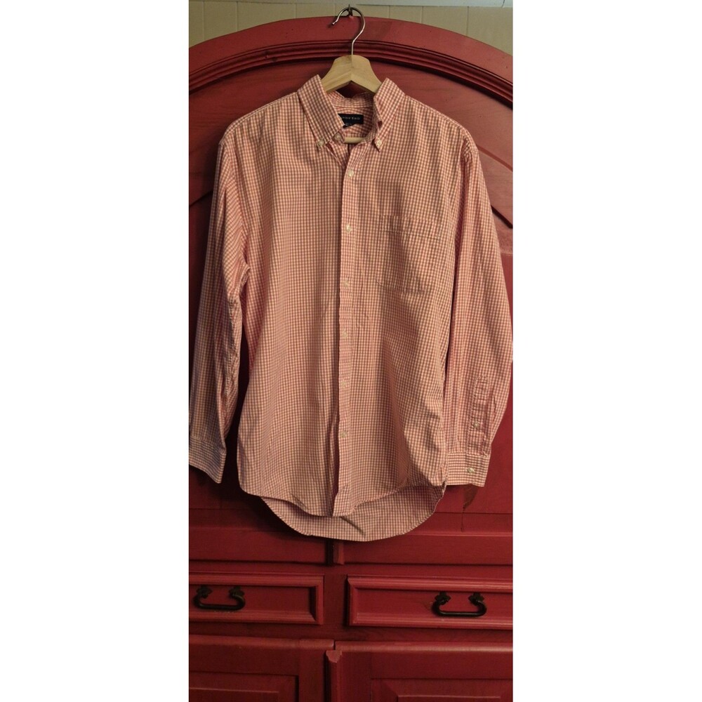NWOT Lands End M 15-15.5 Tailored Fit Orange Gingham Check One Pocket